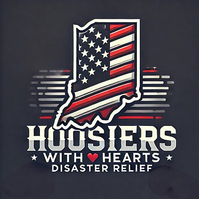 Hoosiers With Hearts Logo  This dynamic logo symbolizes the heart and soul of Hoosiers With Hearts Disaster Relief, blending the iconic shape of Indiana with the patriotic stars and stripes of the American flag. The bold text conveys strength and compassion, with a striking red heart representing the unwavering commitment to providing hope, meals, and comfort to those in need. It’s a proud emblem of resilience, community, and the spirit of giving back.